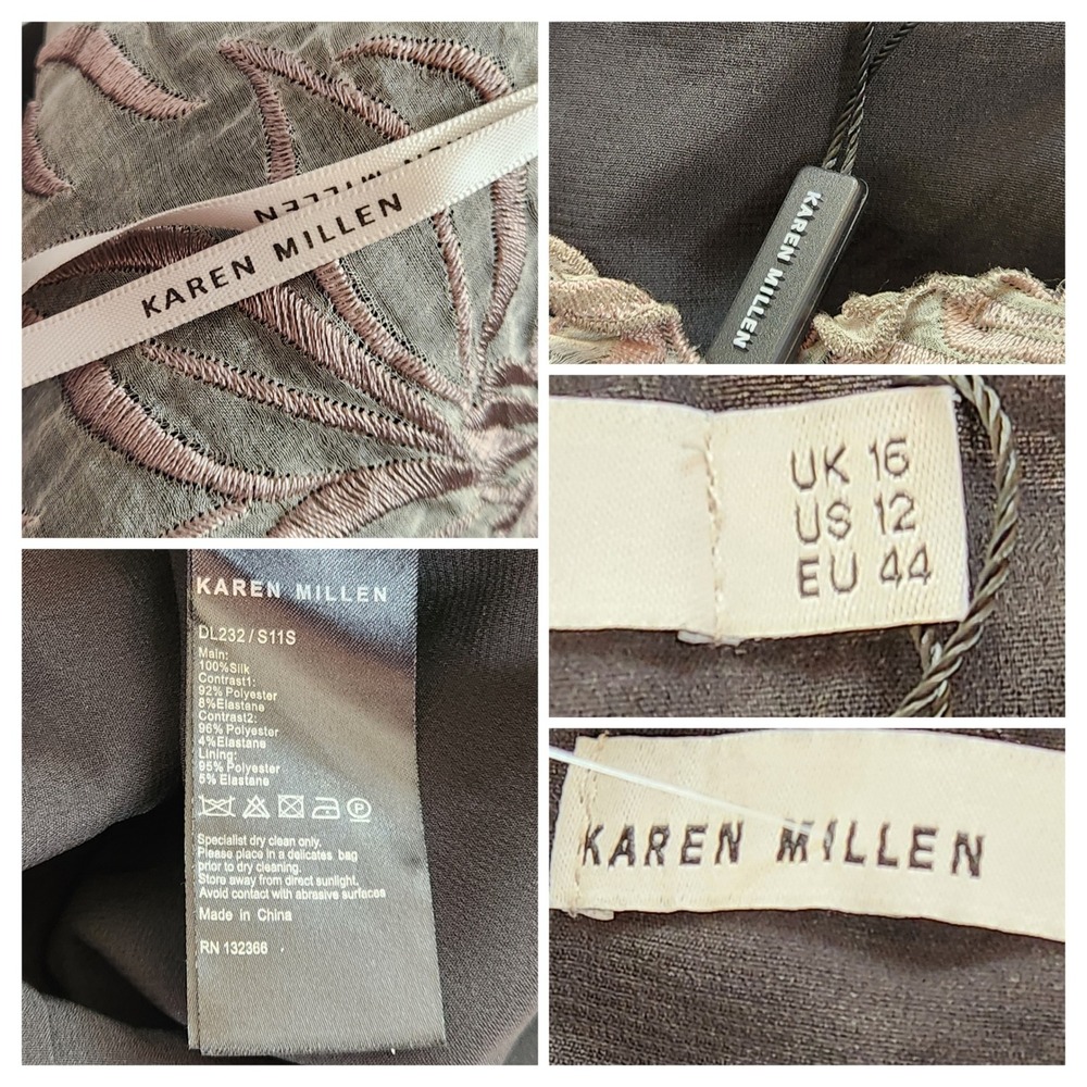 Karen Millen DL232 Silk Embroidered Lace Bodice Sheath Dress Black Taupe US 12 - Picture 5 of 9